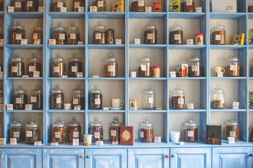 Medicine cabinet with well-organized medication containers