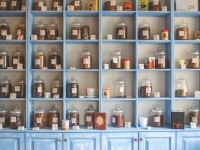 Medicine cabinet with well-organized medication containers